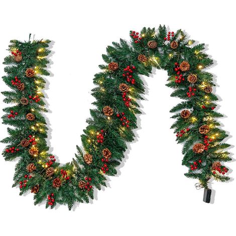 Guirlande de Noël artificielle de 2,74 m (9 pieds) avec 100 lumières LED, 27 pommes de pin et 27 baies rouges pour la décoration de Noël de la maison et du bureau (fonctionne sur piles, piles non incl (1/5)