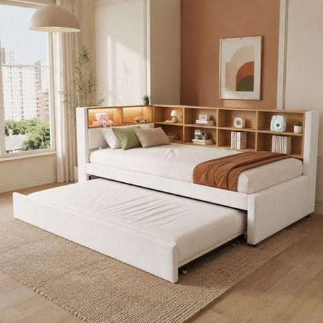 Cama nido 90/200 cm en beige con LED, puertos multifunción y almacenaje (1/5)