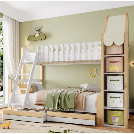 Lit superposé en bois de pin et MDF blanc/naturel 90x200 + 140x200 cm avec 2 tiroirs et rangements (1/5)