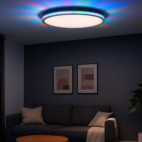 RGB LED Deckenleuchte mit Fernbedienung Deckenlampe CCT dimmbar Wohnzimmerleuchte Farbwechsel, weiß, 28W 2800Lm warm-kaltweiß, DxH 45x6 cm (1/5)