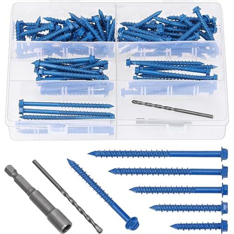 Concrete Screws, 3/16", 5 Sizes, Slotted Head, with Drill Sleeves and Hex Socket, Masonry Self Taping for Anchoring, Pack of 102 (1/5)