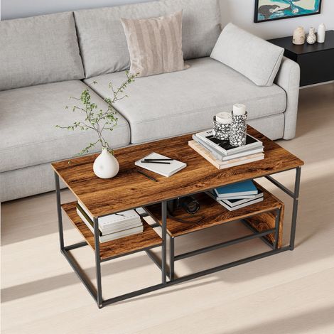 Table Basse Rectangle Table Gigogne 2 Pièces Table d'Appoint, Bois et Pieds en Métal,105x52x48cm, 52x52x51cm (1/5)