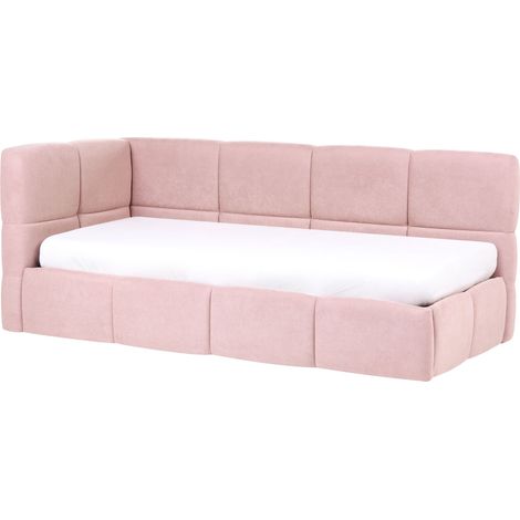 Left Hand Daybed Pink Fabric Upholstered Frame EU Single 3ft with Ottoman Storage L-Shaped JACOU (1/5)