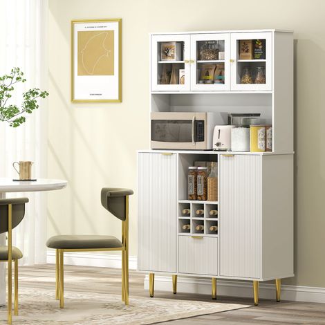 Alacena de Cocina Moderna con Armarios Cajón Botellero y Puertas de Vidrio y Estantes Ajustables 100x40x180 cm Blanco (1/5)