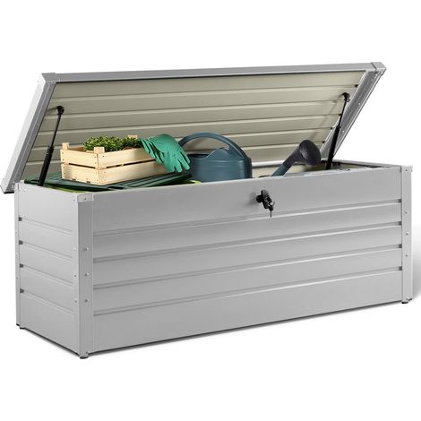 Idmarket – Coffre de jardin métal verrouillable 600L – Dimensions 165x70x63 cm – Résistant aux intempéries – 2 vérins à gaz pour ouverture facile