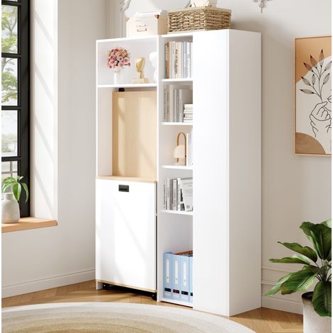 Bureau rabattable 104.5x30.5x160 cm blanc chêne en MDF avec étagère 2-en-1, prise EU, USB et rangements (1/5)