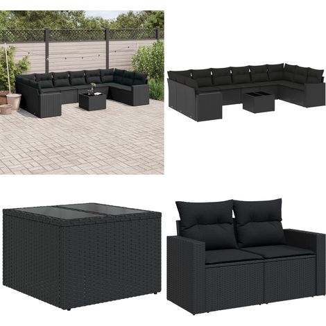 11-tlg. Garten-Sofagarnitur mit Kissen Schwarz Poly Rattan - Gartenmöbel - Esstischset - Rattan Möbel - Outdoor Set - Balkonmöbel - Home & Living (1/5)