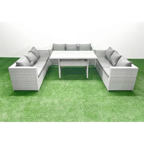Fimous Polyrattan Gartenmöbel Set 9 Sitzer Garten Sofa Rechteckiger Esstisch Set Hellgrau gemischt