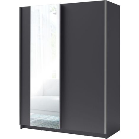 Armoire 2 portes coulissantes avec miroir - Collection GOZU - Coloris gris graphite - 150 x 198 x 62 cm (1/5)