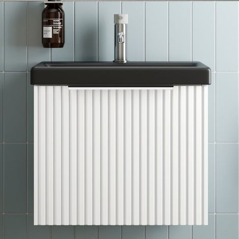 Fluted 500mm Bathroom Vanity Unit Basin Wall Hung Cupboard Soft Close Matt White (1/5)