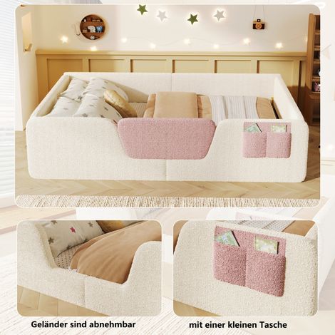 Lit coffre en velours beige, 140x190 cm, sans matelas, barrières de sécurité amovibles, poche en tissu intégrée pour rangement, sommier à lattes inclus (1/5)