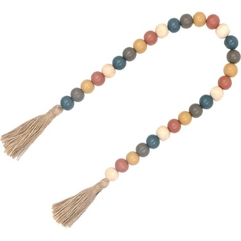 Décoration Murale en Bois Perles Colorées et Pompons, à Suspendre Légère en Bois Naturel, Style Rustique Champêtre pour Salon et Chambre (1/5)