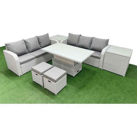 Fimous Outdoor Garden Furniture Sets 8 Seater Wicker Rattan Furniture Sofa Sets with Adjustable Lifting Dining or Coffee Table high Back Lounge Sofa Stools 2 Side Table Light Grey (1/5)