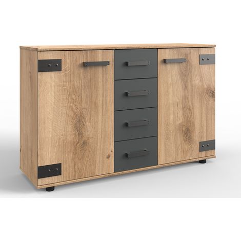 Commode meuble de rangement coloris imitation chêne poutre/graphite - Longueur 130 x Hauteur 83 x Profondeur 41 cm -PEGANE-