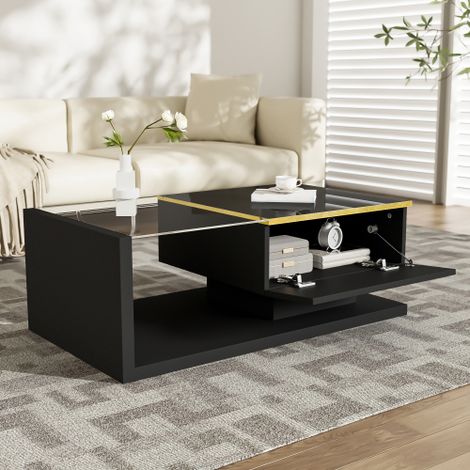 Table basse longue : Finition noire haute brillance  une table d'appoint/table basse intégrant des éléments en verre et des effets d'éclairage LED.