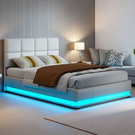 Bett 140 x 190 CM mit Lattenrost - LED - Doppelbett mit Stauraum - Hydraulikbett 140 x 190 mit Stauraum unter dem Bett