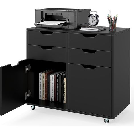 GOPLUS Caisson Bureau avec Tiroirs, 4/5 roulettes 360°(2 avec Freins),Support d'imprimante avec Armoire & Tiroirs pour Documents, Meuble de rangement pour Salon Bureau, 78x40x65cm (Noir,4 Tiroirs) (1/5)
