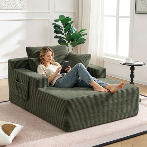 Canapé convertible 1 place en velours côtelé – Canapé-lit modulaire en velours côtelé avec accoudoirs et coussin – Sans montage – 150X110 cm – Design élégant – Vert