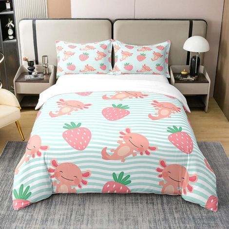 Ensemble de literie 220x240cm 100% coton avec 2 taies d'oreiller, design Kawaii Axolotl fraise