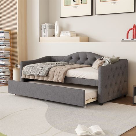 Lit Gigogne 90x200cm - Banquette Lit Tiroir Lit d'Appoint Canapé Lit Extensible de Salon en Lin Style Minimaliste - Gris (1/5)