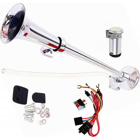 Klaxon d'Air Chrome Compresseur 150db Voiture Camion Trompette Tube Unique 45cm Zinc Argent 12V (1/5)