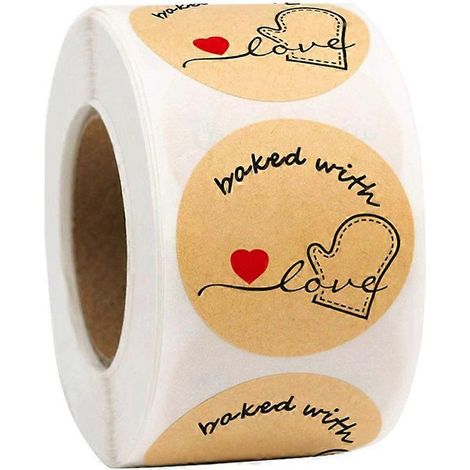 500 étiquettes autocollantes rondes en papier kraft naturel avec cœur rouge, en forme de gants de cuisine, 2,5 cm (1 rouleau, Kraft cuit avec amour) (1/5)