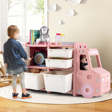 Meuble de Rangement Jouets pour Enfant 2 bac 2 tiroirs et 1 placard 110 x 32 x 66 (L x l x H) CM Rose CWXT6419 DESIGN IN (1/3)