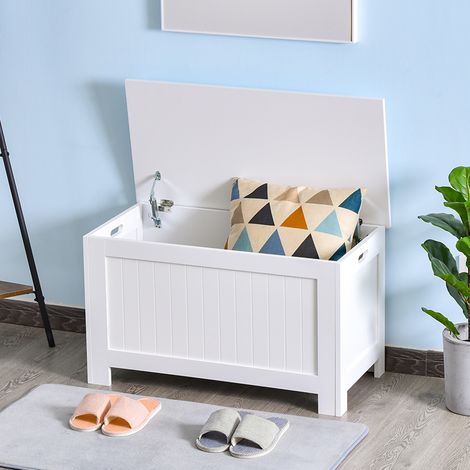 Coffre de rangement avec charnières de sécurité boîte de rangement en bois coffre à jouets avec couvercle rabattable 81L x 40l x 46H cm blanc