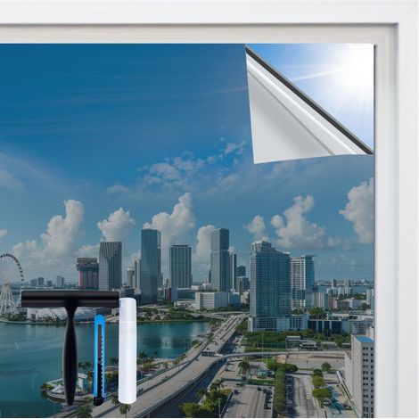 Film miroir pour fenêtre - 90 x 195 cm - Avec outil de montage - Film de fenêtre unilatéral opaque de l'extérieur - Argenté - Protection solaire pour fenêtre intérieure - Adhérence statique (1/5)