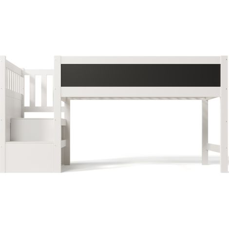 Lit mezzanine enfant 90 x 200 cm avec tableau d’écriture, rangement et échelle réversible, blanc (1/5)