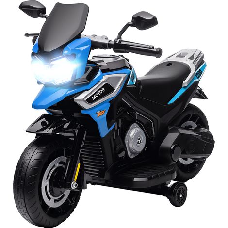 Moto électrique enfant bleu avec roulettes, rétroviseurs, repose-pieds, PP et métal 85,5x44,5x56 cm