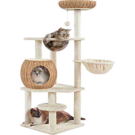 Homevive Árbol para Gatos de Ratán Tejido a Mano 54x48x137,5cm Rascador para Gatos con Dos Postes de Sisal y una Bola Plataformas de Felpa y Cojín Extraíble Beige (1/5)