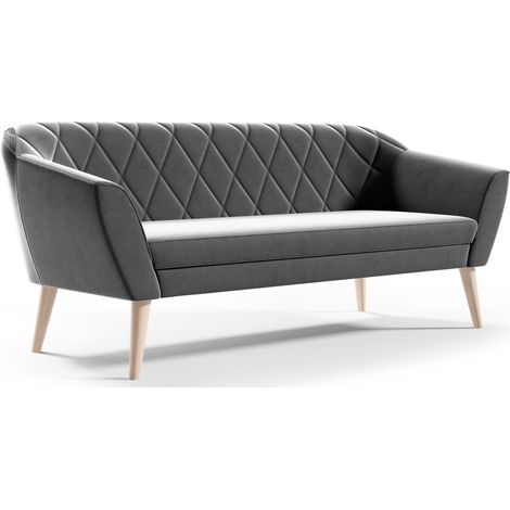 Sofello Sofa 3 Sitzer -- KARO-- Grau Sitzbank aus Samt Velourstoff Holzfüße Schnelle Lieferung skandinavischer Stil - schöne Steppung (1/5)