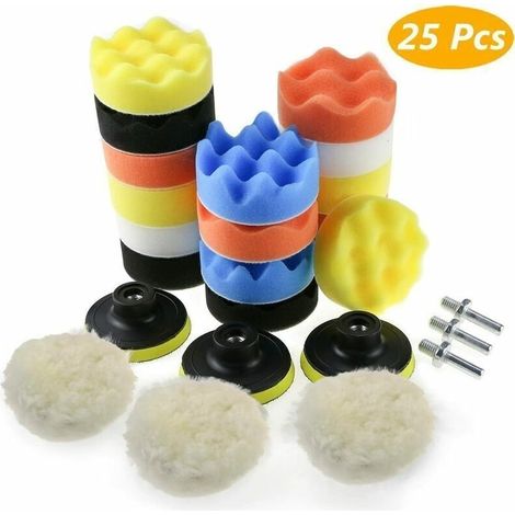 Juego de 25 almohadillas de pulido para coche – Espuma y lana – Adaptadores M10 incluidos – Para detallado y acabado de pulido (1/5)