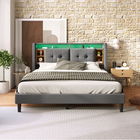 Lit double capitonné moderne 160x200 cm gris, bois massif et métal, tête de lit rangement avec USB, prises et LED (1/5)