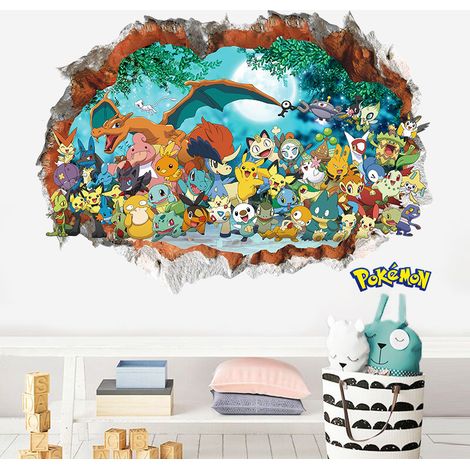 Décor mural chambre enfant Pokémon Pikachu, sticker mural autocollant 3D, décalcomanie colorée pour mur, adhésif réutilisable, pièce unique, décoration ludique pour chambre de bébé. (1/2)