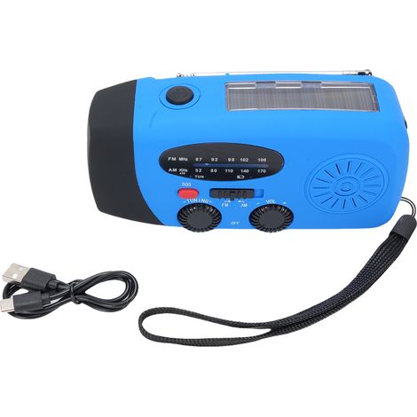 Ortviai Radio AM/FM Portable d'Urgence avec Manivelle, Panneau Solaire, Lampe LED et Alarme SOS – Batterie 5000 mAh, Étanche, Bleu