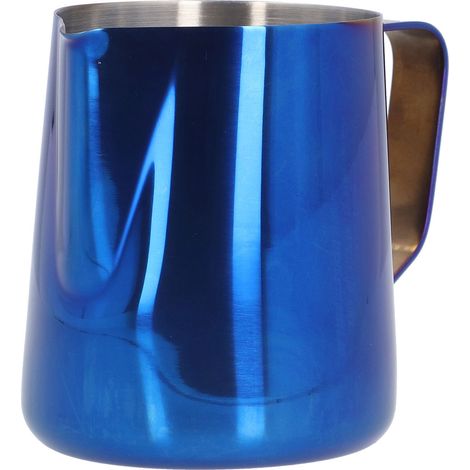 Mousseur à lait en acier inoxydable, tasse à mousser le lait et le café avec graduation interne, ouverture conique, bleu, 350 ml (avec étiquette) (1/5)