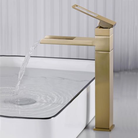 1 Mitigeur Lavabo, Bec Cascade, Rotation 360°, Acier Inoxydable, Or Brossé, Salle De Bain