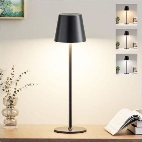 Lampe de Table Sans Fil Avec 3 Température de Couleur, Intensité Variable, Lampe de Chevet Tactile LED Rechargeable pour Chambre Salon Camping Jardin Café Extérieur(Noir) (1/5)