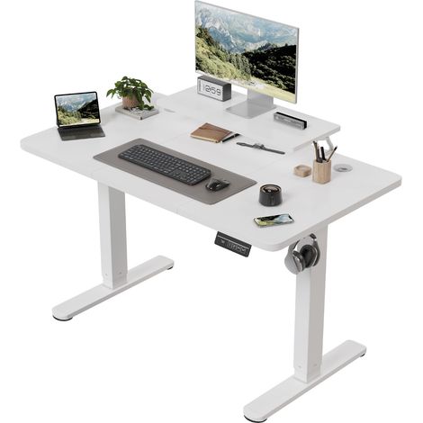 Devoko Bureau assis-debout électrique 120x60 cm, hauteur réglable 73-118 cm, 2 positions mémoire, étagère de rangement, Blanc