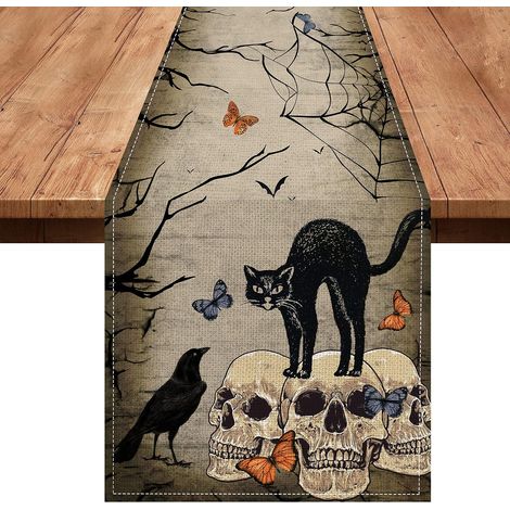 Nappe d'Halloween, squelette de chat noir, décoration rétro cool crâne et corbeau pour la cuisine, la maison ou une fête. (1/5)