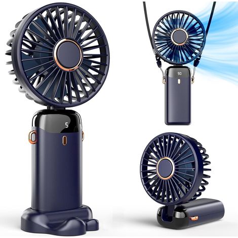 Mini ventilador portátil de escritorio USB, 5 velocidades, con base, plegable, para oficina, exterior, funciona con pilas (azul oscuro)