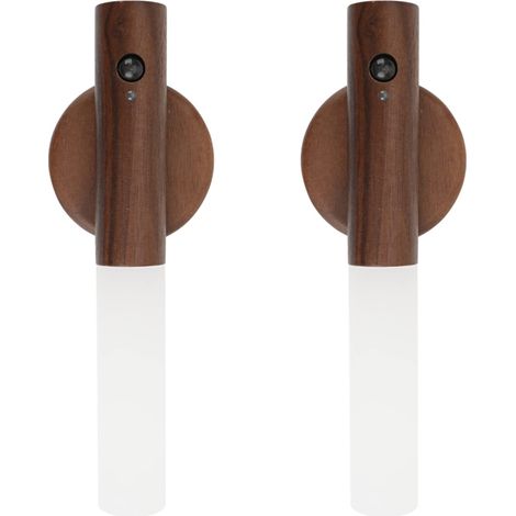Applique Murale en Bois avec Détecteur de Mouvement, Veilleuse Intérieure sans Fil Rechargeable Magnétique à Batterie, Interrupteur Inclus pour Chambre Couloir Escalier (Noyer - Lot de 2) (1/5)