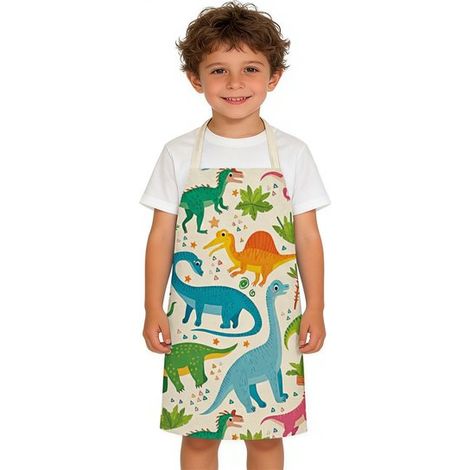 Grembiule per bambini con motivo di dinosauri in stile cartone animato, ideale per dipingere e cucinare in cucina. Consigliato per bambini e bambine. (1/5)