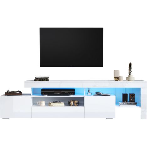 Meuble TV 192x37x53 cm Blanc, 3 Armoires, LED, Lowboard Haute Brillance, TV Jusqu’à 85" (1/5)