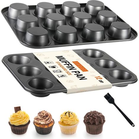 Ensemble de 2 moules à muffins antiadhésifs 12 cavités - Moule en acier au carbone avec pinceau en silicone - Plaque de cuisson antiadhésive pour moules à cupcakes