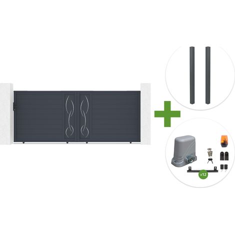 Portail coulissant 4m LIFE H.160cm aluminium gris + 2 poteaux ELDA + motorisation Tanker C600 (1/5)