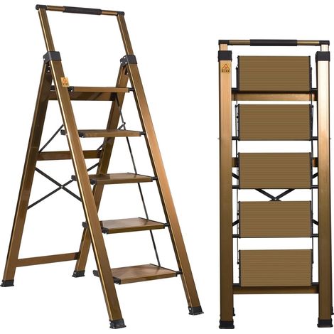 Escabeau 5 Marches, Aluminium Pliable avec Poignée Rétractable  Marches antidérapantes  150 kg  léger et robuste  pliage compact pour maison, cuisine et rangement (1/5)