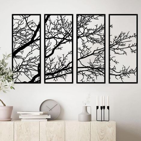 Lot de 4 décorations murales en métal motif arbre de vie - Branche d'arbre noire - Décoration murale pour intérieur et extérieur - Salon, maison, jardin, bureau (1/5)